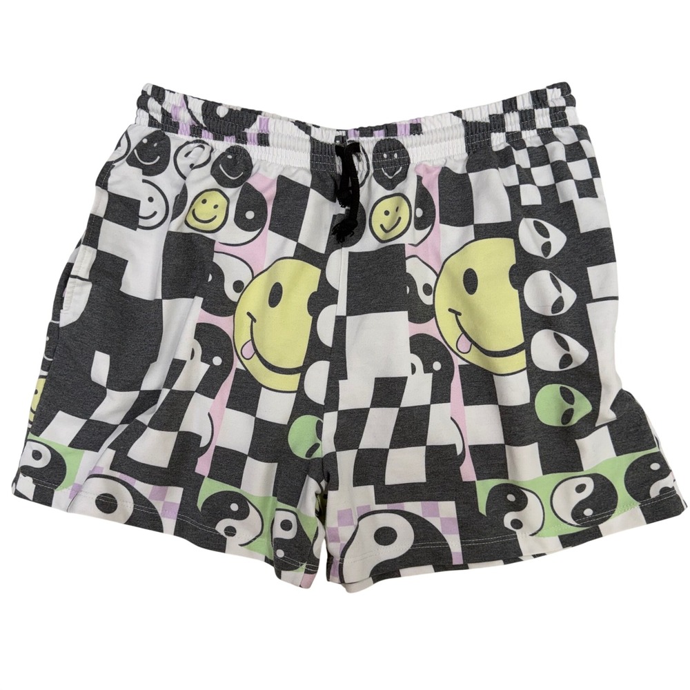New Girl Order Patchwork Graphic Shorts Size 14 Checkerboard Alien Smiley Alt
